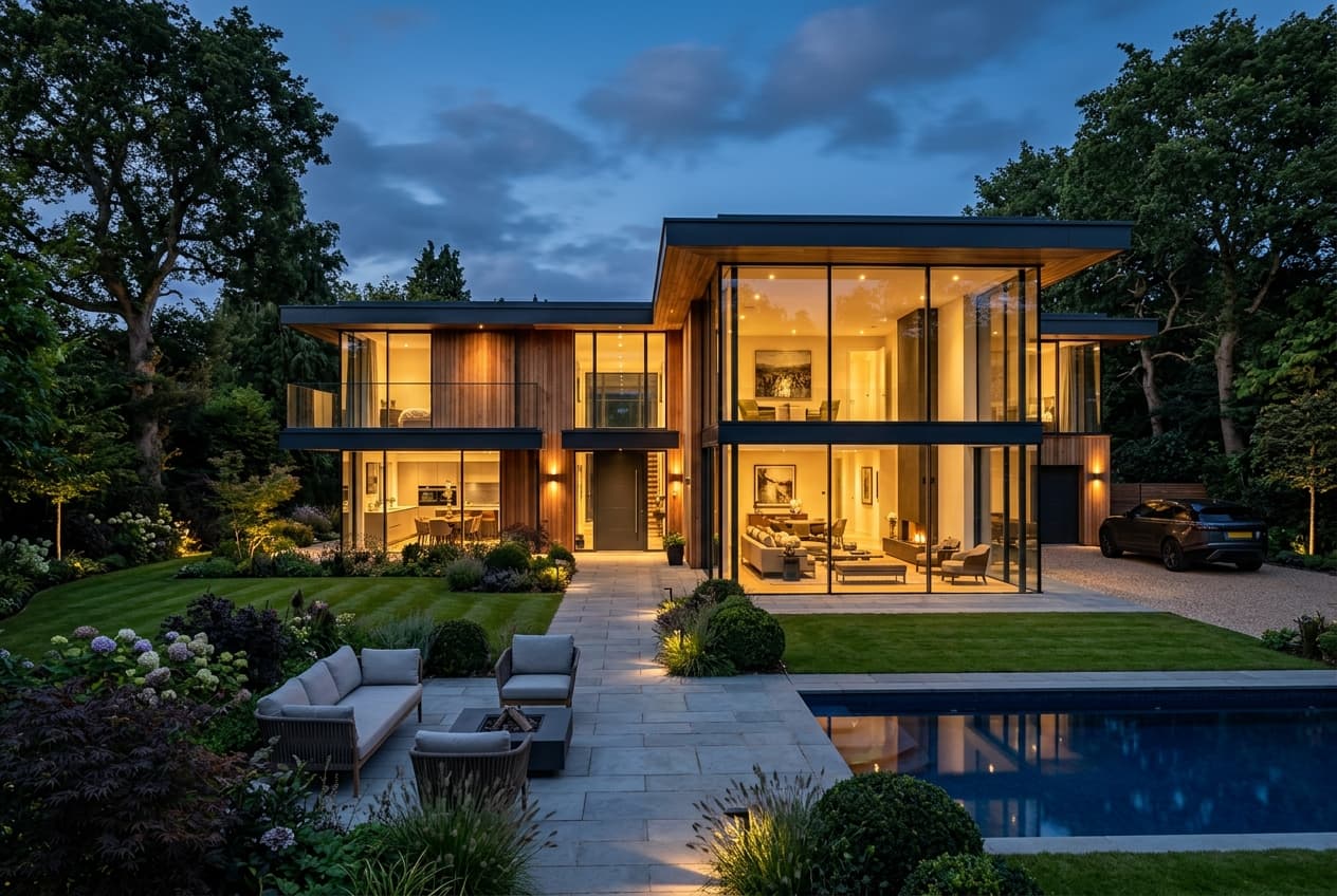Luxury modern detached house at dusk